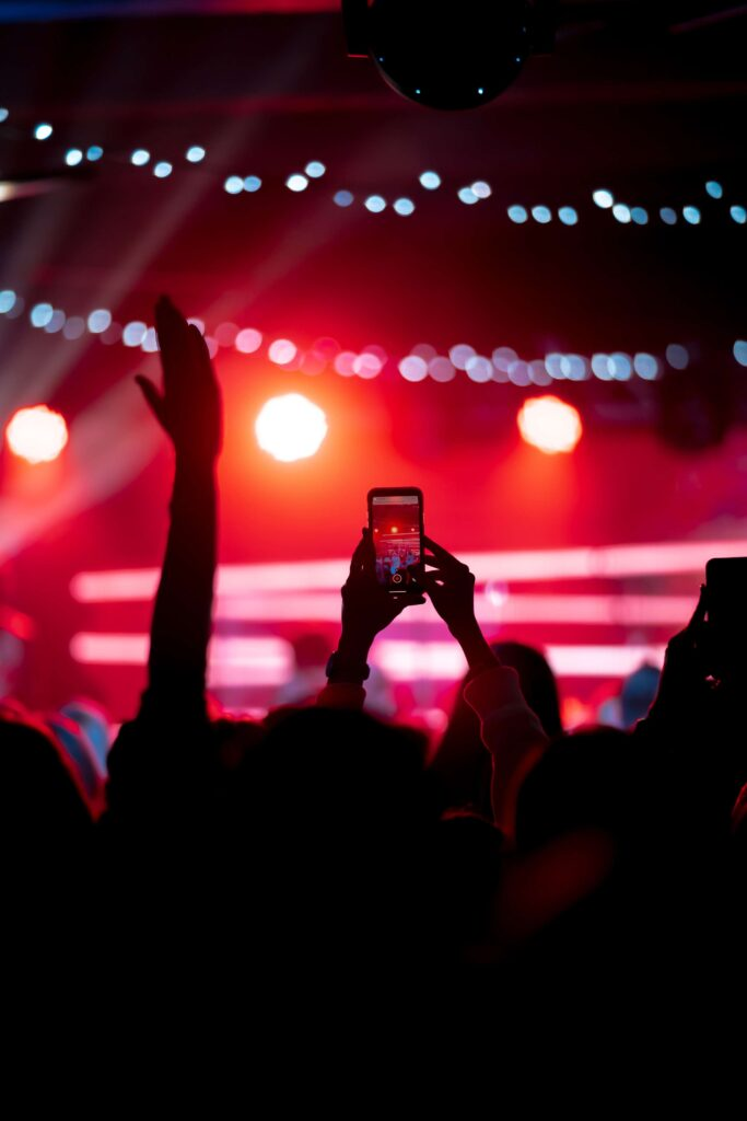 Crowd at a live event lit by stage lighting